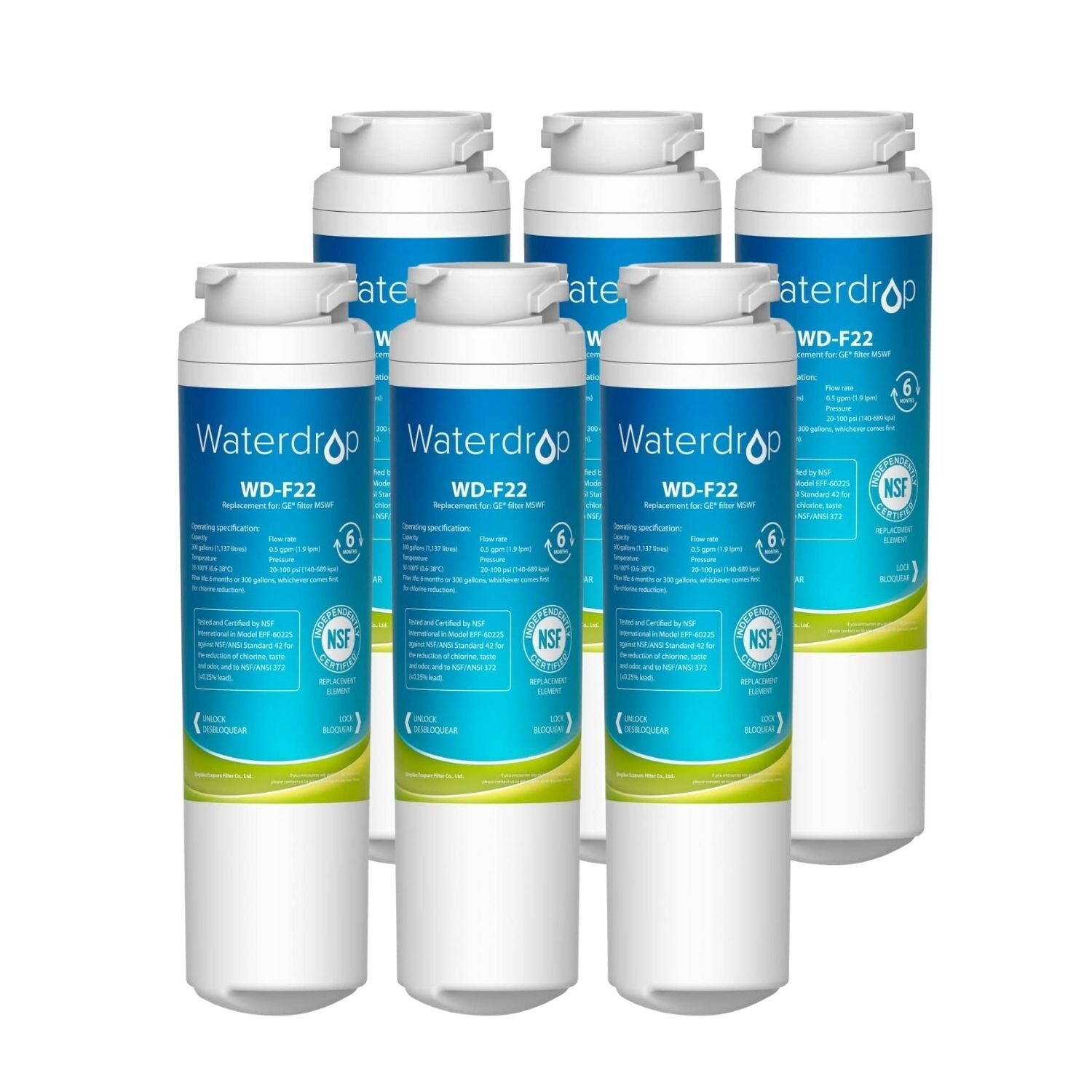 Waterdrop MSWF Refrigerator Water Filter,Replacement for GE® MSWF,6 Packs