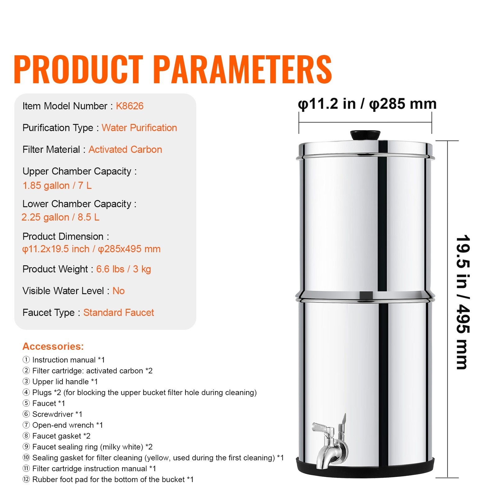Water Purification Unit, Gravity-Driven, 2.25G Capacity in 304 Stainless-Steel