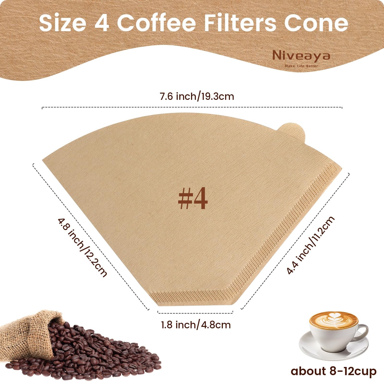 Niveaya 200 Count Coffee Filters #4, Unbleached Natural 04, natural brown