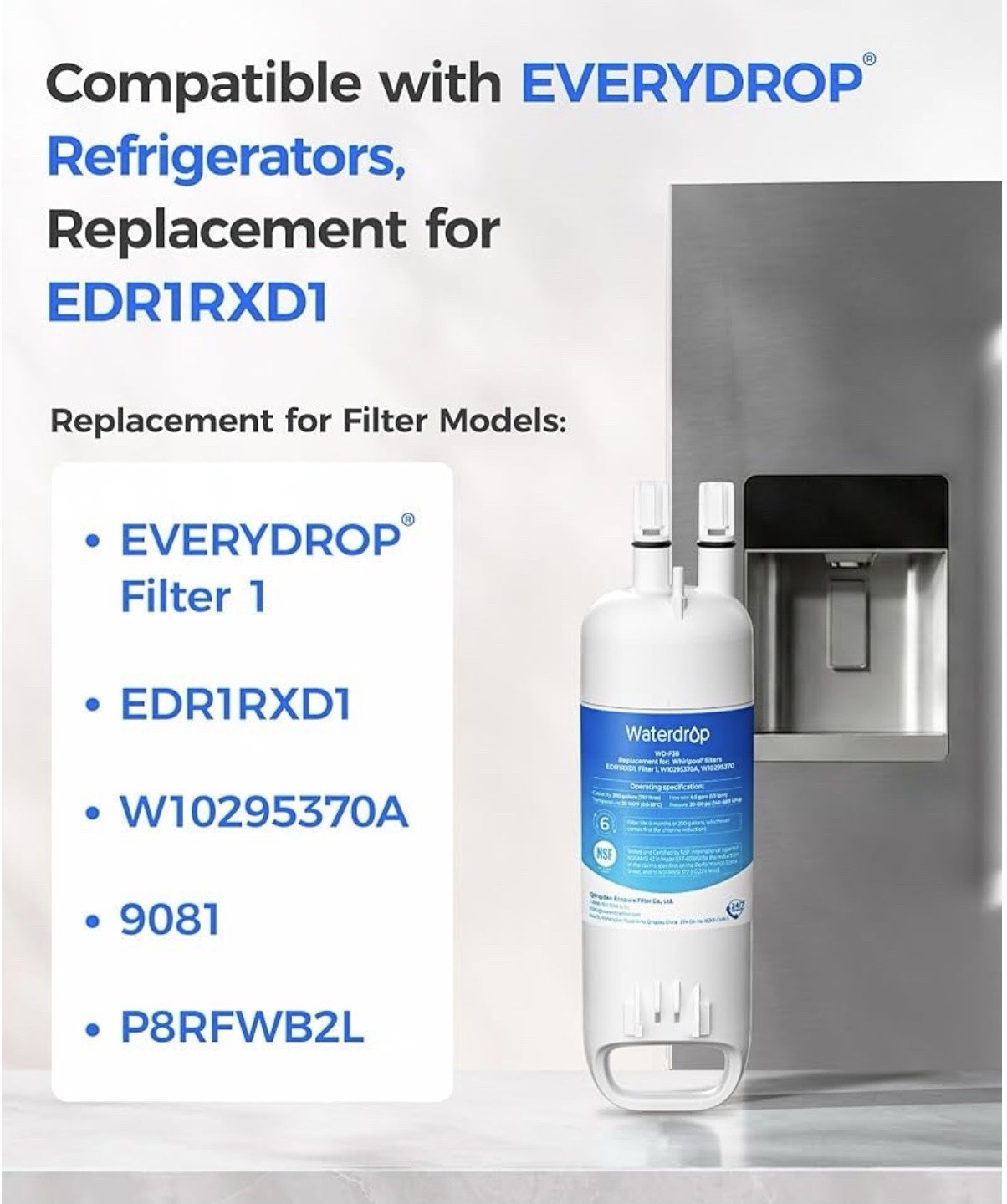 Waterdrop EDR1RXD1 Replacement Filters W10295370A EDR1RXD1B P8RFWB2L P4RFWB-6pk
