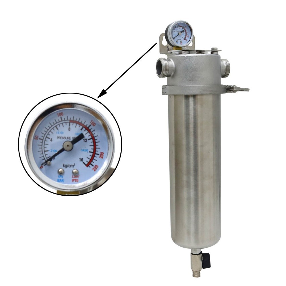 17″ Water Filter Housing 40um Screen +Water Pressure Gauge 1″ NPT 8 Ton/h 58psi