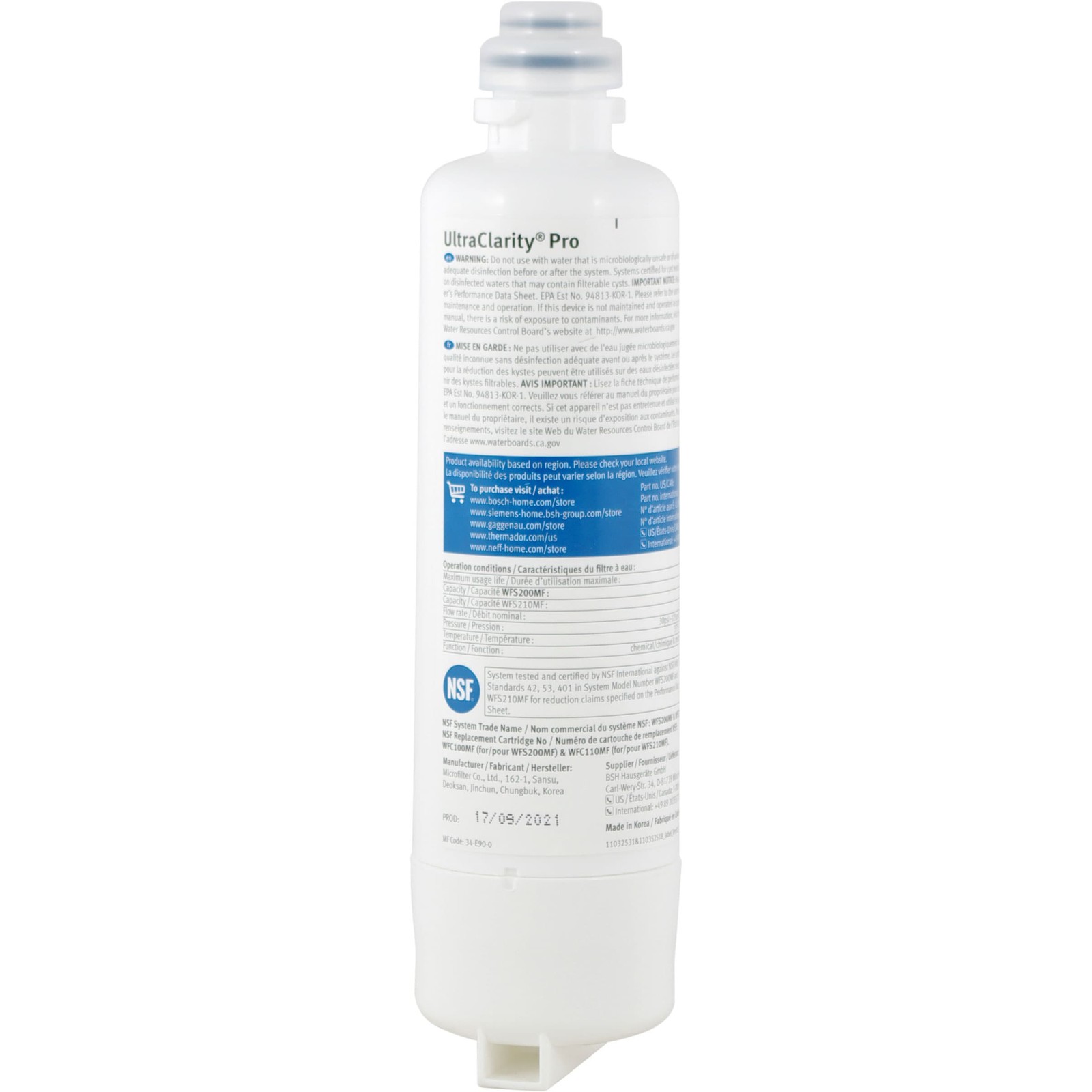 2x Bosch 11032531 Genuine OEM UltraClarity® Pro Water Filter Cartridge Thermador