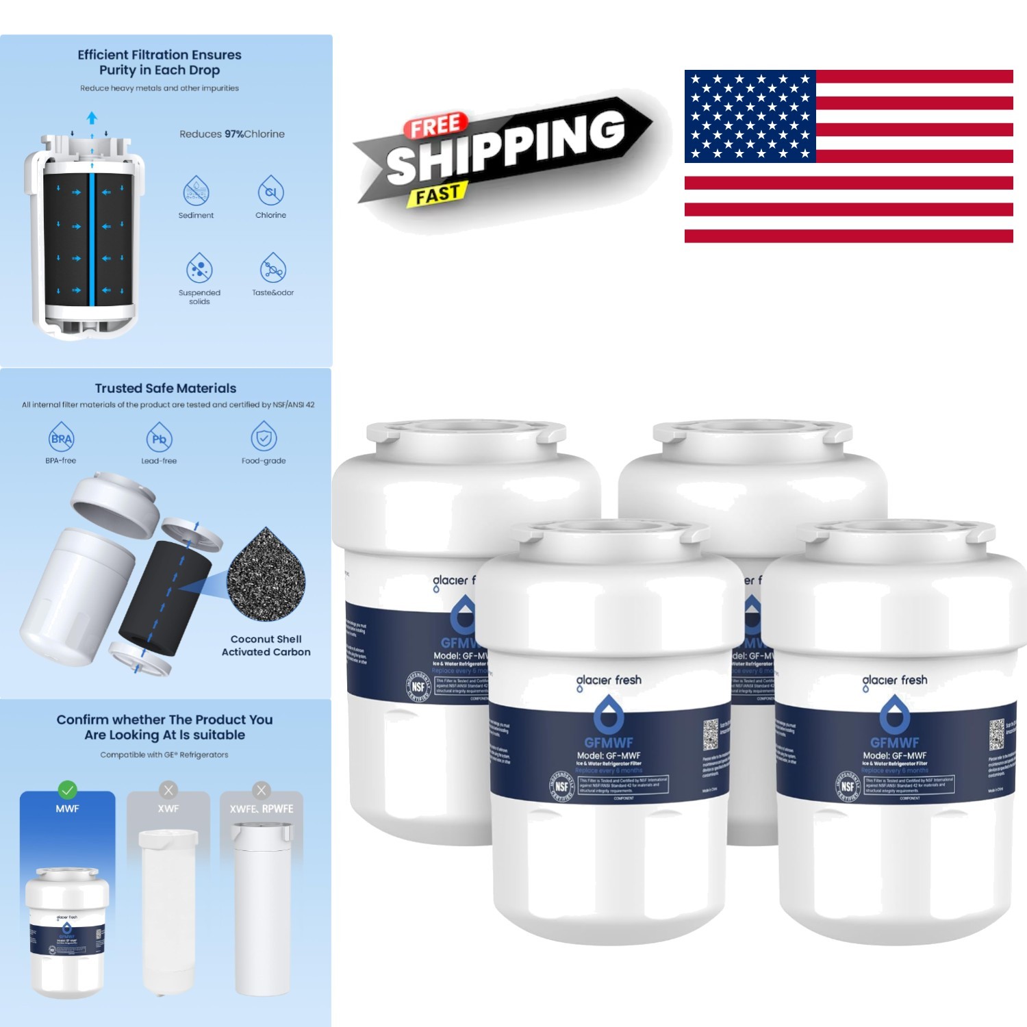 Replacement Refrigerator Filter 4 Count Easy Install Compatible with Many Brands