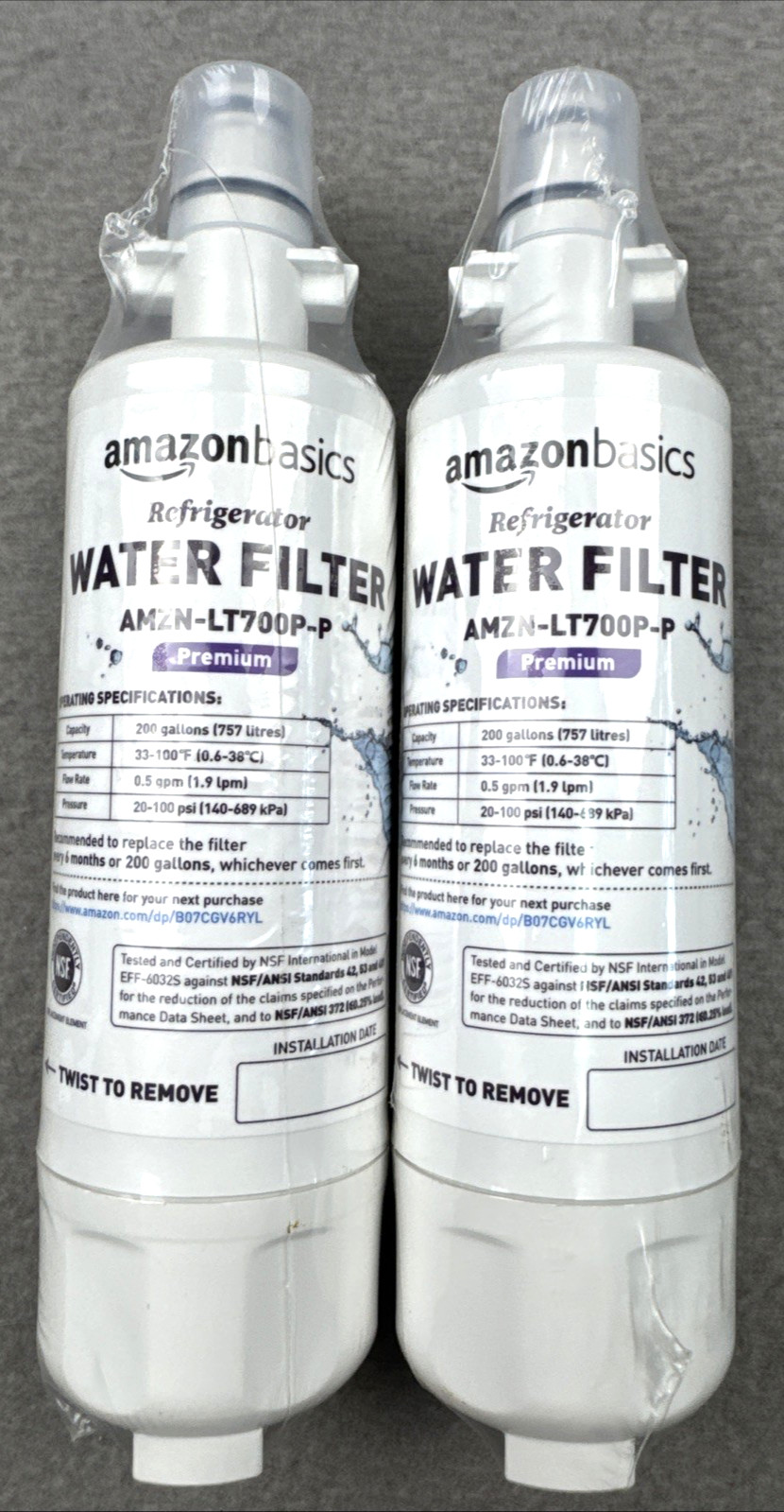 Lot 2 Amazon Basic Premium Refrigerator Water Filters AMZN-LT700P-P Sealed NEW