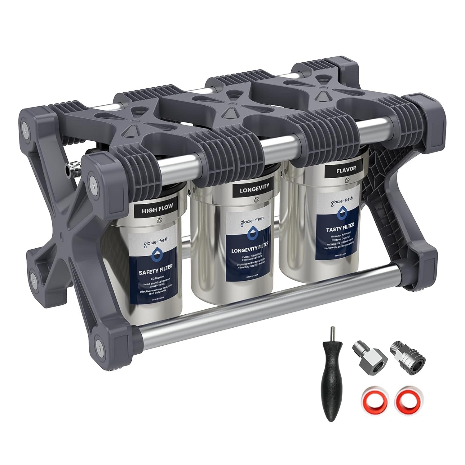 Glacier Fresh RV Water Filter System, 0.2 μm, 5 Inch Filter, 3-Stage Filtration