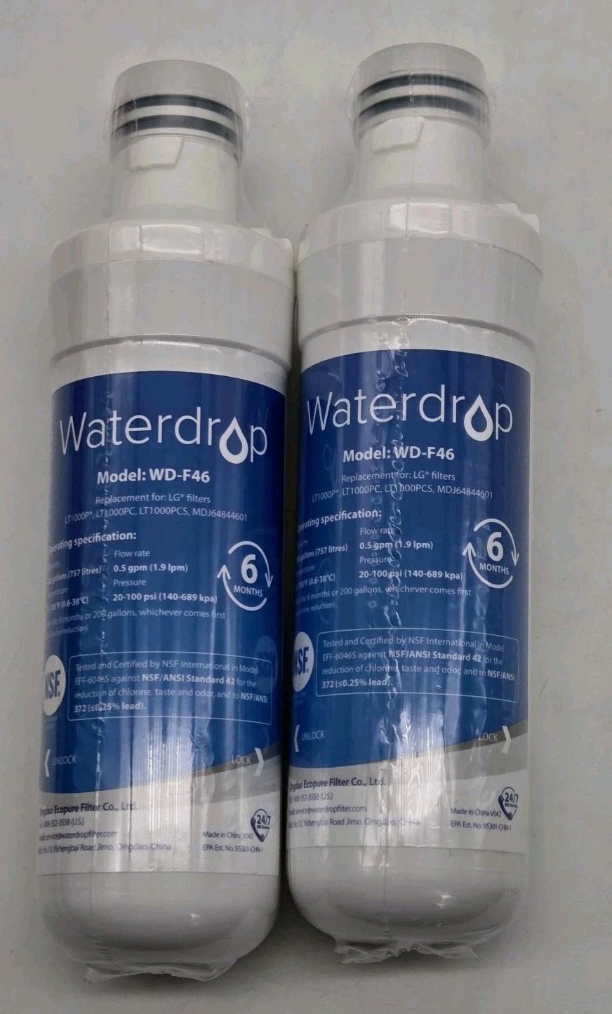 Waterdrop Model WD-F46 Refrigerator Water Filter Replacement New Sealed Lot Of 2
