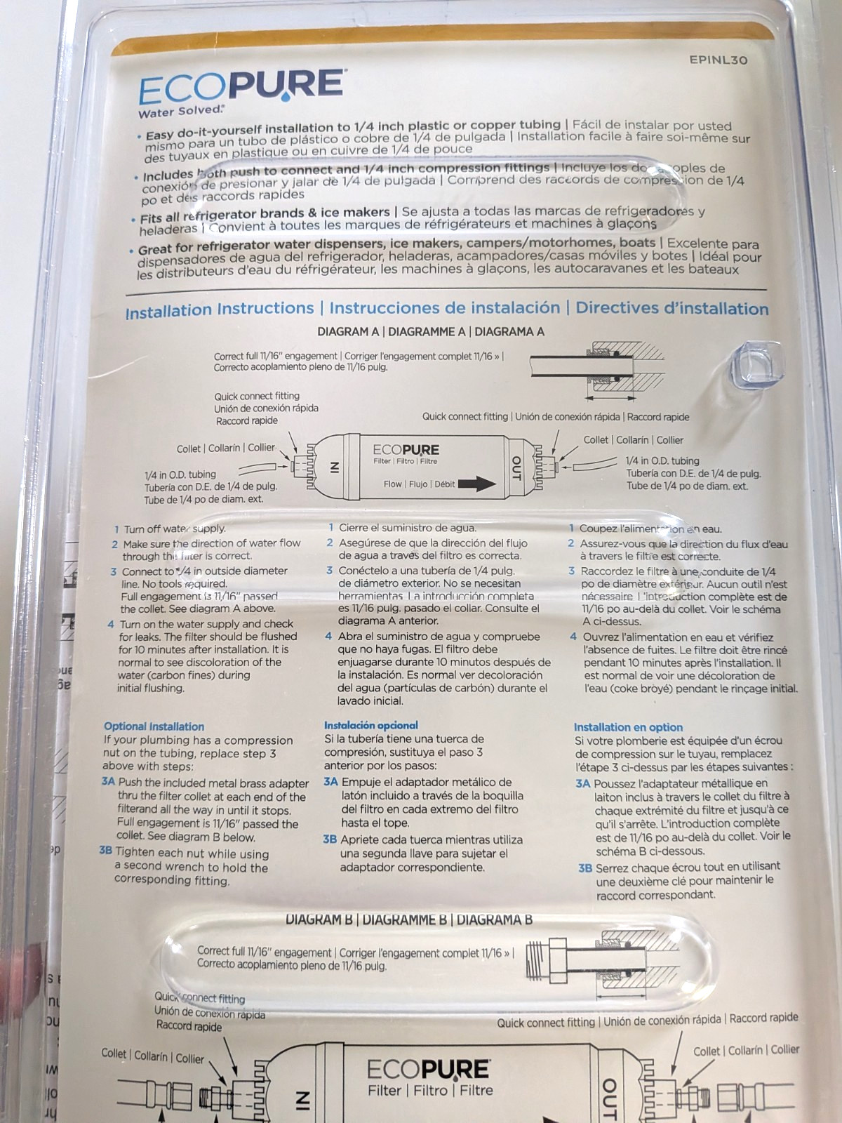 NEW EcoPure EPINL30 Water Filter 5 Year In-line Refrigerator Filter