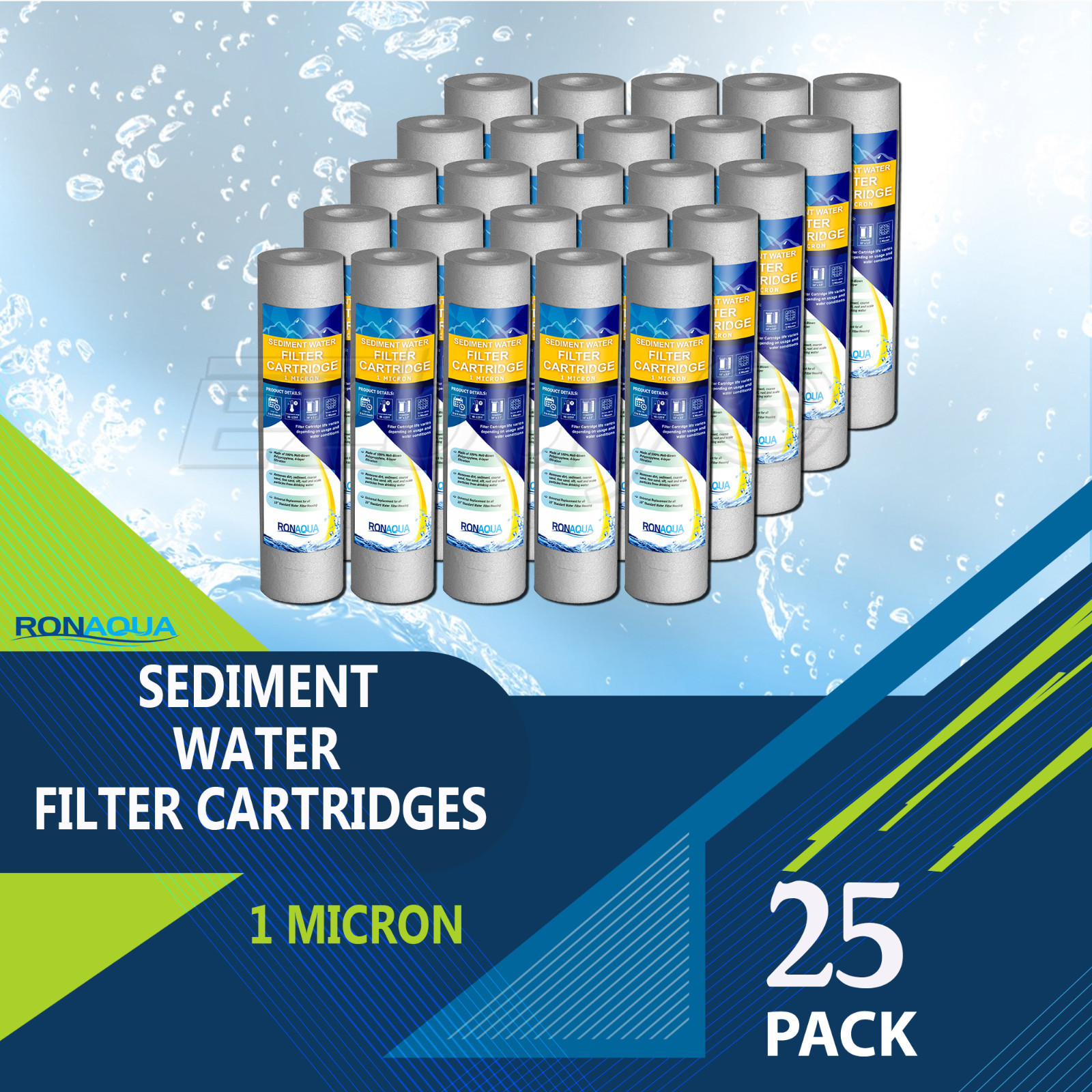 25pc Sediment 1 Micron Water Filters Cartridge 2.5″ x 10″ for Reverse Osmosis