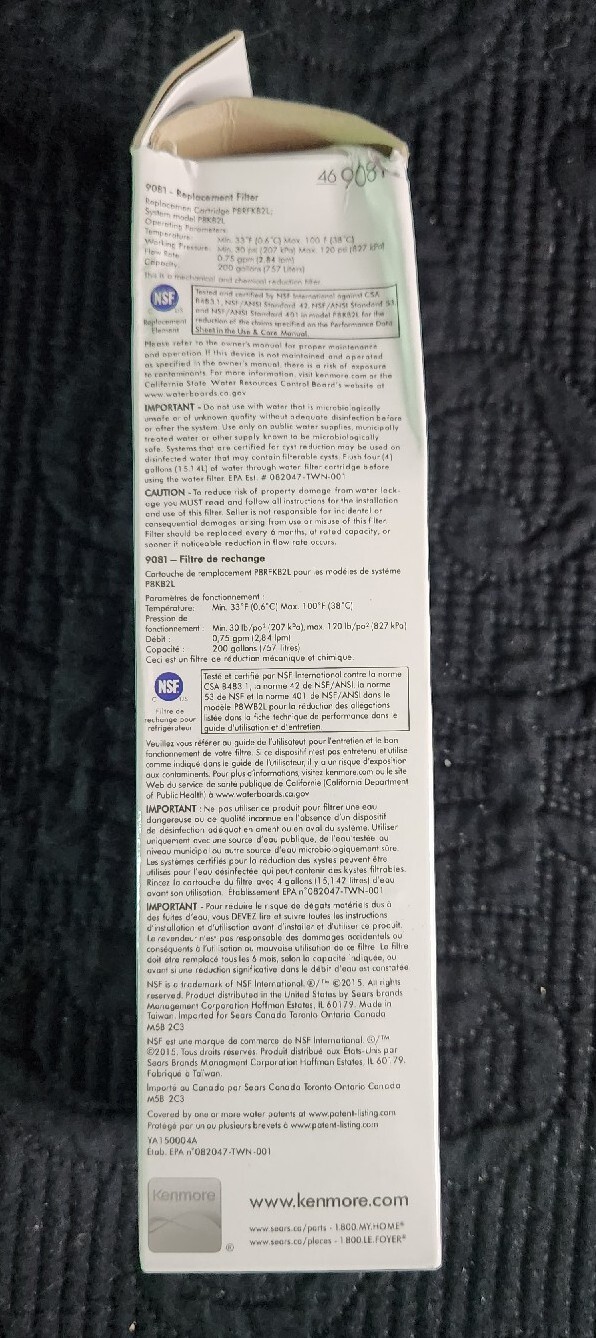 Kenmore 9081 Replacement Refrigerator Water Filter 46-9081 Cartridge 1 Pack NEW