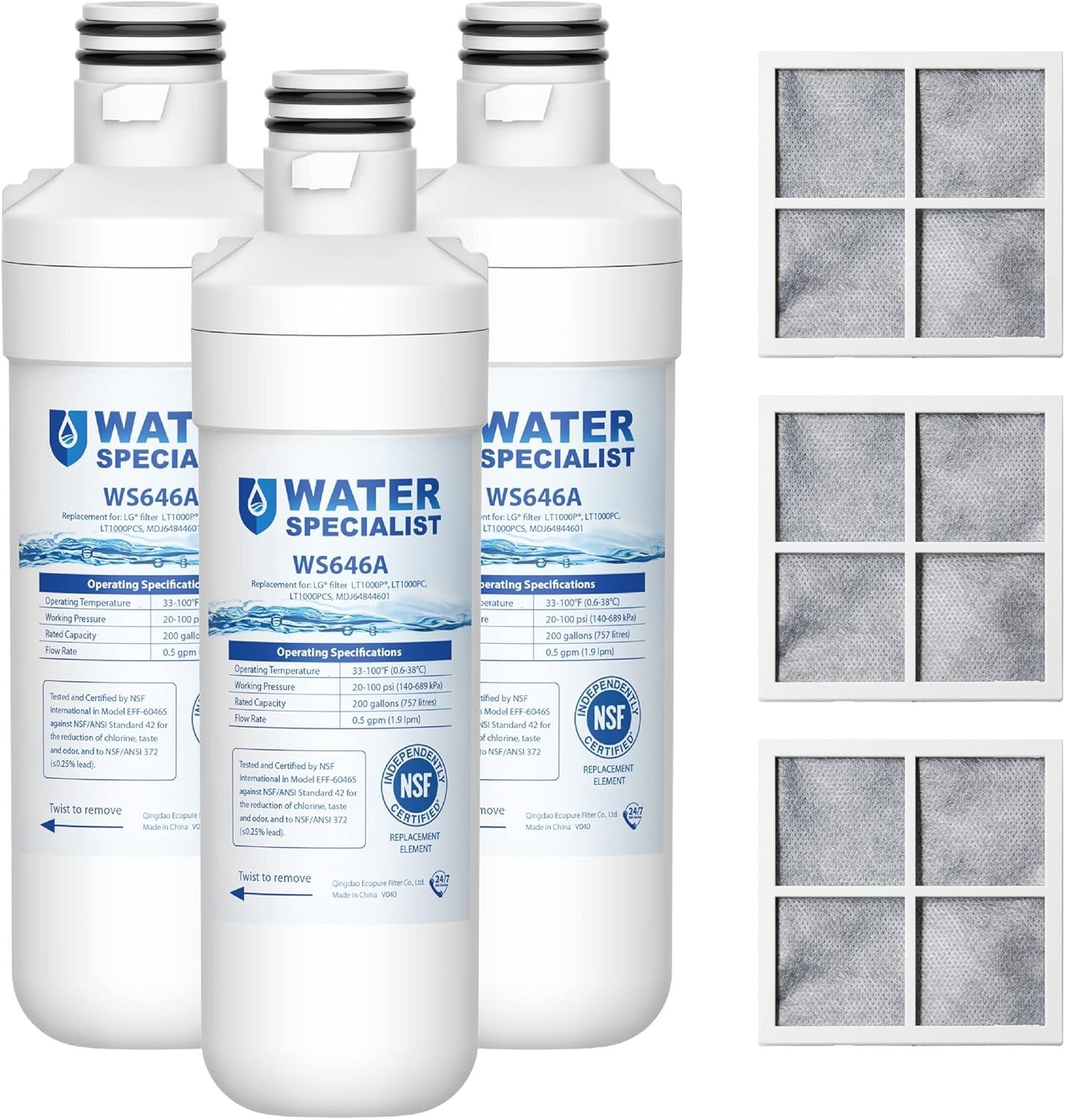 Waterspecialist Refrigerator Water Filter Replacement for LG® LT1000P®, 3 Combo