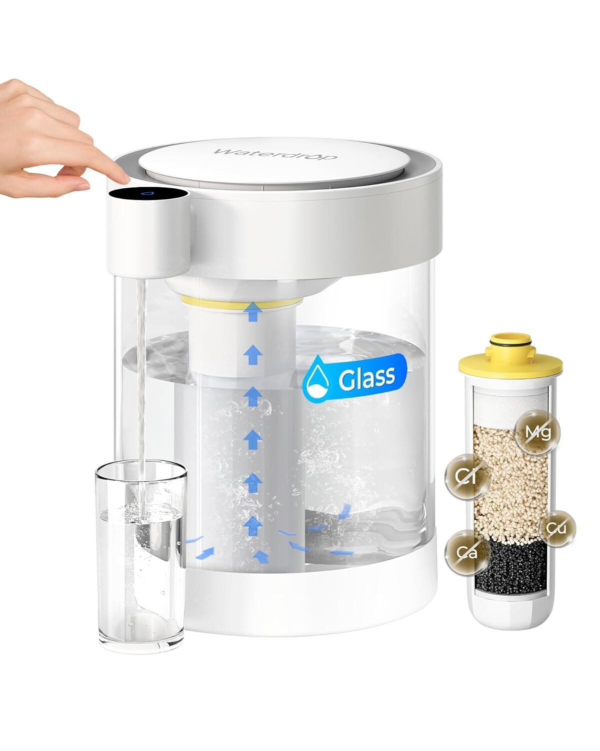 Waterdrop Glass Large 22-Cup Rechargeable Water Filter Dispenser,with 1 Filter