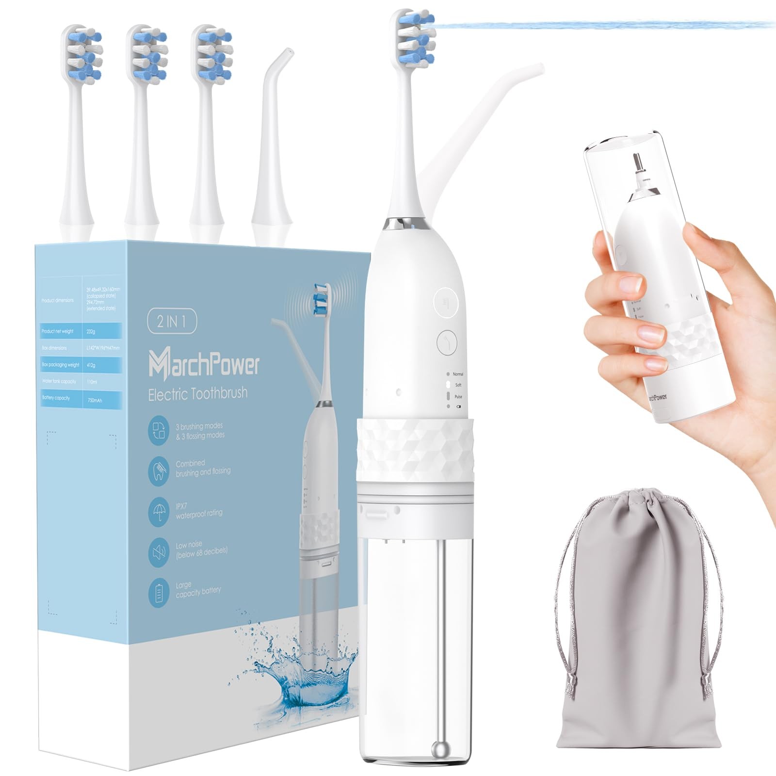 Marchpower Upgraded 2-in-1 Electric Toothbrush 1 Count (Pack of 1), White