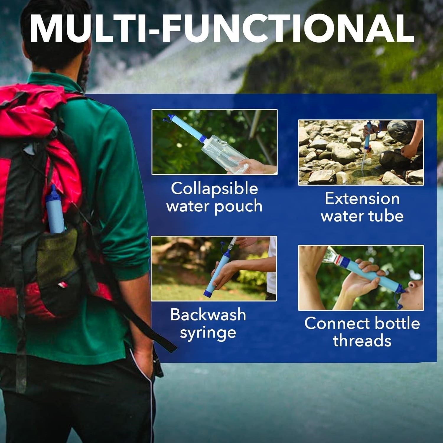 Filtro de agua de paja para senderismo y camping, funcionamiento manual NUEVO US
