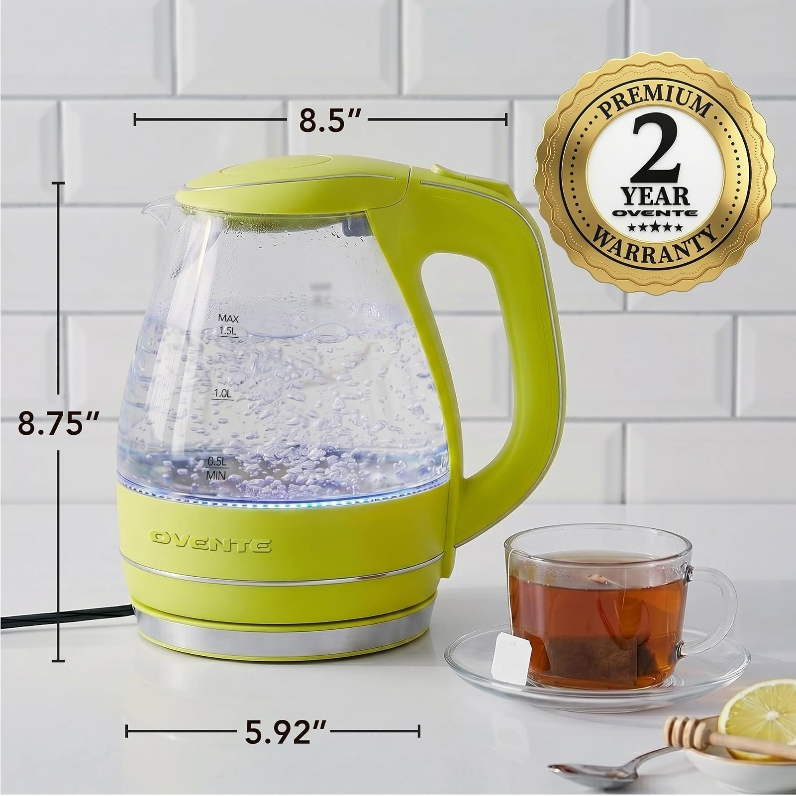 OVENTE 1.5L Glass Electric Kettle, Fast Boiling, BPA-Free, Auto Shut-Off