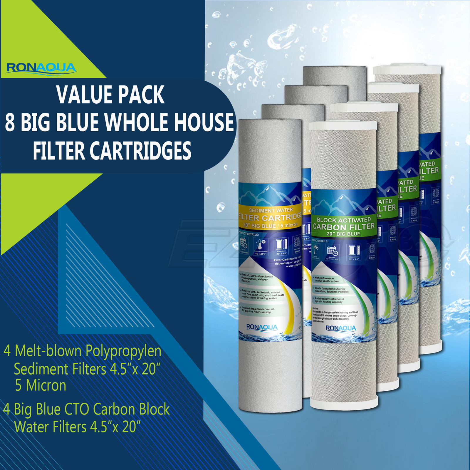 Big Blue 4 CTO Carbon Block & 4 Sediment Water Filters 4.5″ x 20″ Cartridges Set