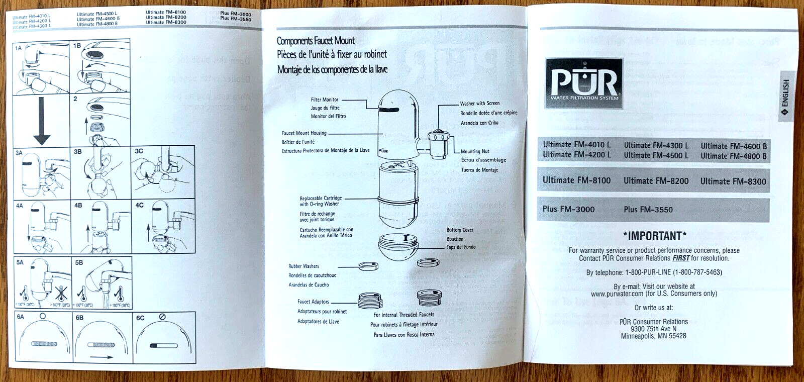 PUR Water Filtration System Use and Care Manual various models in 3 languages